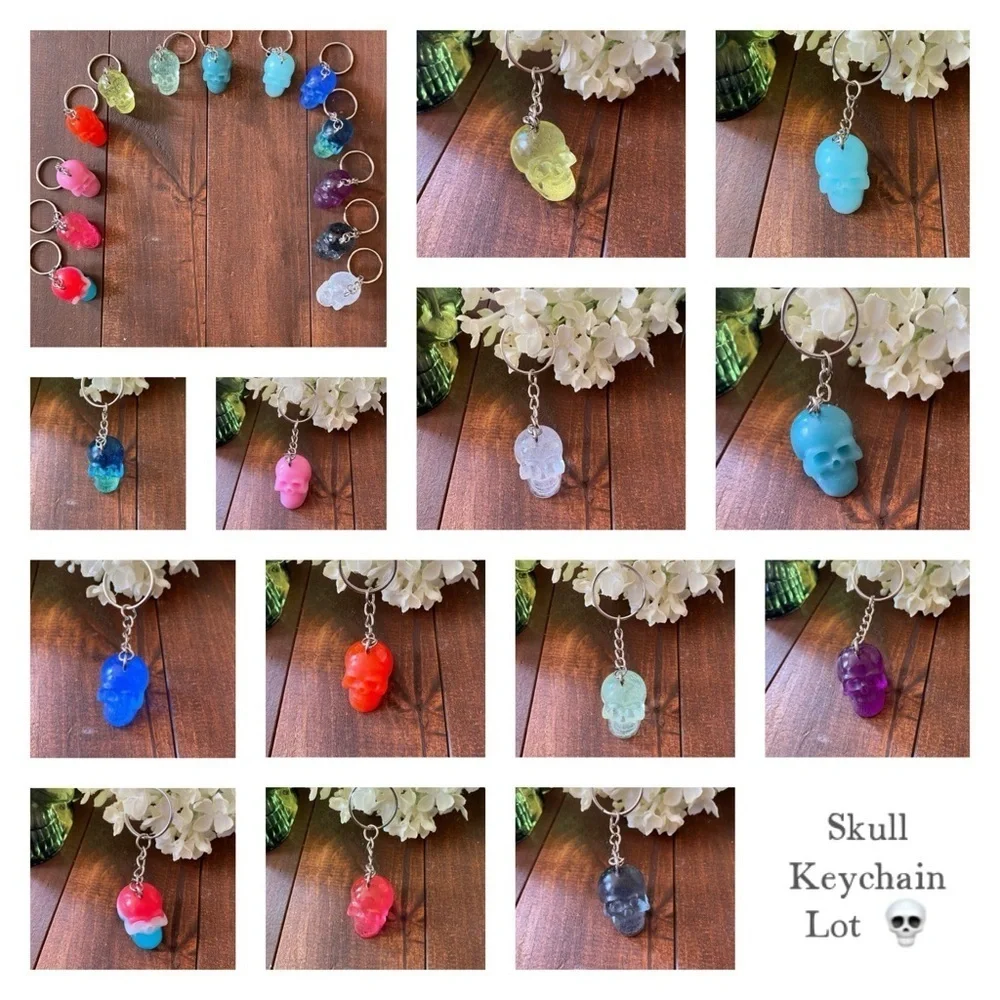 Handmade Resin Skull Keychain 3” Hang Tag Gothic Backpack Bag Charm Lot of 14